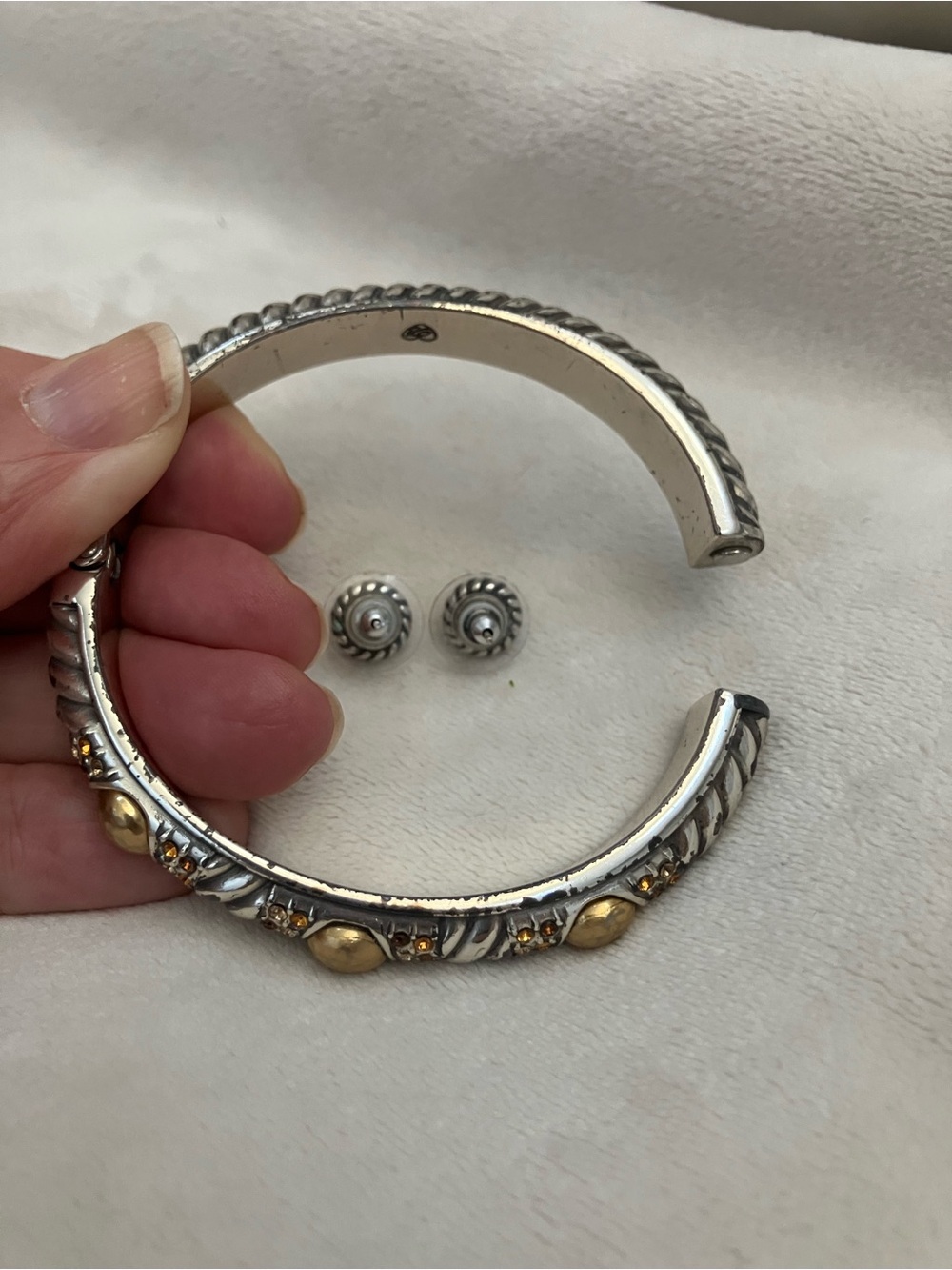 Brighton Two-Tone Silver and Gold Bangle Bracelet with Gold Accent Stud Earrings - Picture 4 of 4
